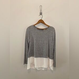 LOFT Gray Knit Long-Sleeve Top with White Layered Hem